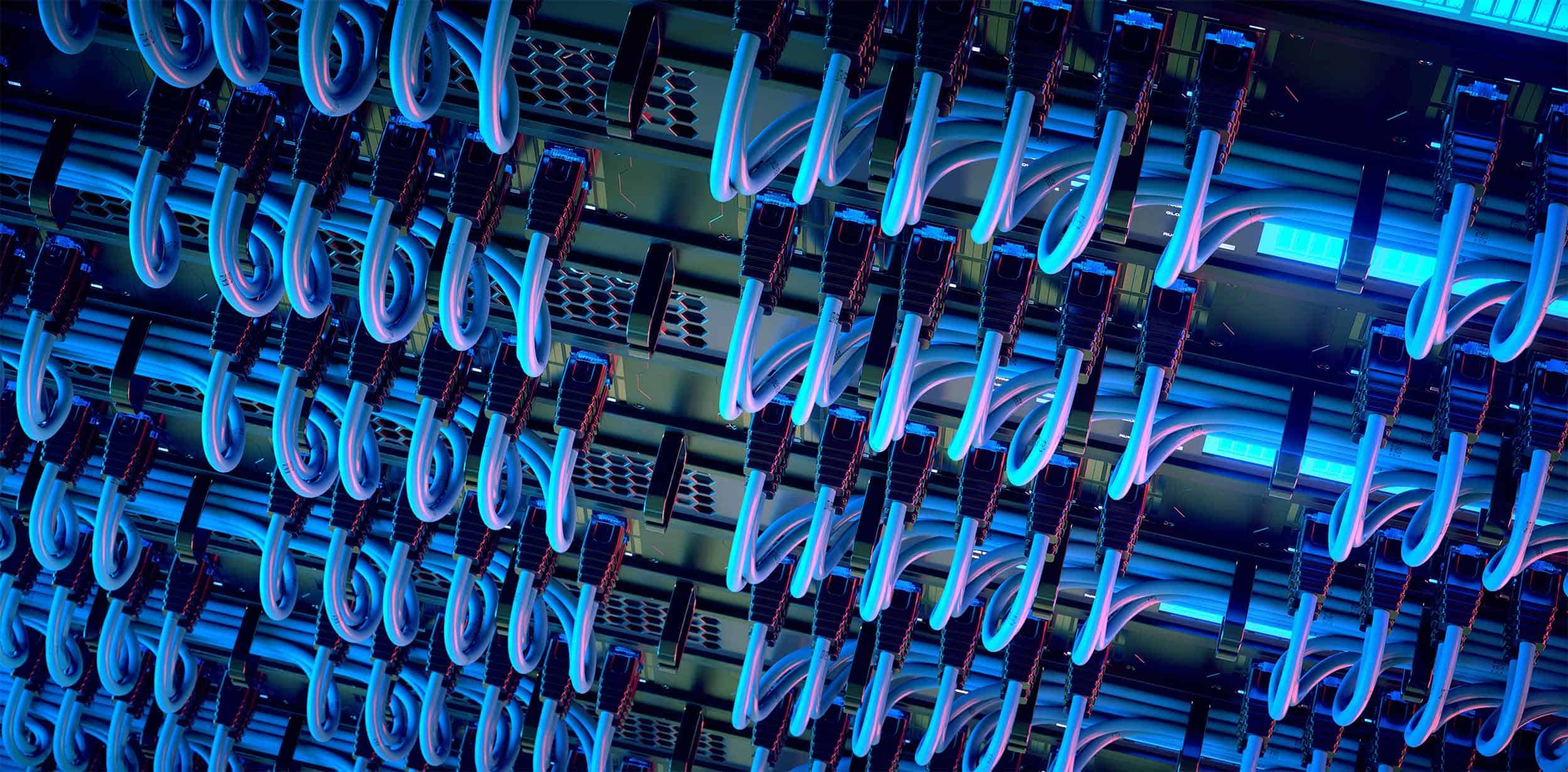 Closeup of Powerful Computer structured cabling