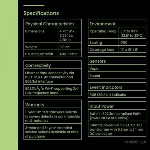 A Flysense smart vape detector specifications chart